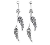 AMDXD Piercing para el ombligo 14G, 2 unidades, juego de piercings vintage con colgante de pluma de ángel, colgante con circonitas para hombre y mujer, plata