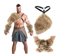 Ameble 3PCS/Set Disfraz de Vikingo Hombres Cálido Disfraz de bárbaro de Pieles sintéticas Incluye Manguito y Capa de Chal Traje Vikingo Medieval para Fiesta de Halloween Cosplay Halloween