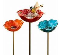 Ameble Baños para pájaros Paquete de 3 estacas de Metal para jardín de Flores baño para pájaros comedero y baño Multifuncional para Exteriores Azul Naranja Rojo baños pequeño colibrí jardín de FLO