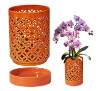 Ameble Macetas para orquídeas Macetero de cerámica para orquídeas de 5, 5x4 Pulgadas con Drenaje, Agujeros y platillo, Maceta Transpirable para Plantas de Interior y Exterior, Naranja