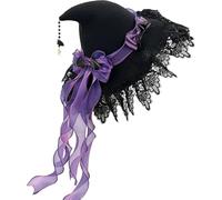 Ameble Purple Witch Hat Lolita Girl Wizard Hat with Lace Trim and Ribbon for Women Halloween Cosplay Party Accessory