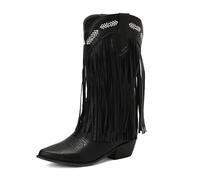 AMEEDA Botas Vaqueras Bota de vaquero occidental con flecos for mujer, botas hasta la rodilla punta estrecha, tacones bloque 4,5 cm(Black,47)