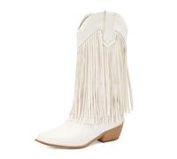 AMEEDA Botas Vaqueras Bota de vaquero occidental con flecos for mujer, botas hasta la rodilla punta estrecha, tacones bloque 4,5 cm(White,48)
