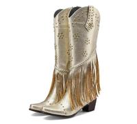 AMEEDA Botas Vaqueras Botas altas hasta la rodilla con flecos de vaquero occidental for mujer, tacones rojos dorados, punta puntiaguda, remache, cremallera larga(Gold,40)