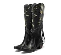 AMEEDA Botas Vaqueras Botas altas hasta la rodilla con flecos de vaquero occidental for mujer, tacones rojos dorados, punta puntiaguda, remache, cremallera larga(Black,43)