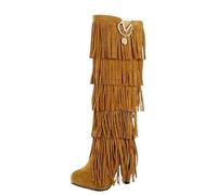 AMEEDA Botas Vaqueras Botas de mujer piel aterciopelada talla 32-43 tacones altos 10cm borlas con flecos hasta la rodilla moda negro rojo(Yellow Cloth,39)
