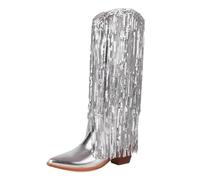 AMEEDA Botas Vaqueras Botas hasta la rodilla con purpurina dorada for mujer, tacones de bloque, metálico, rosado, ostentoso, flecos, vaquera occidental, largo lentejuelas(Silver,36)