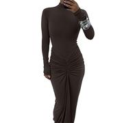 AMEEDA Vestido Manga Larga Vestidos de otoño for Mujer, Ropa Calle, Lisos, sexys, a la Moda, con Pliegues, Cuello Redondo, Mangas largas, Informales, Ajustados, maxivestido(Khaki,S)