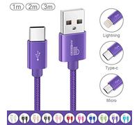 ameego [3Pack 1m+2m+3m] 3.1A High Speed strong Nylon Braided USB C 3.1 Type-C Data Sync Charging Reversible Charge Cable for mobile phones, Nintendo Switch all Type-C Devices (Purple)