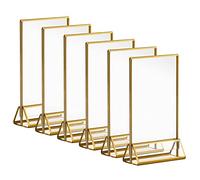 AMEITECH Soporte para Letreros de Acrílico 10x15cm,4x6'' Marcos de Imágenes Transparentes con Bordes de oro y Soporte Vertical,Menú de la mesa de Doble cara para Números de mesa de bodas, 6 Unidades