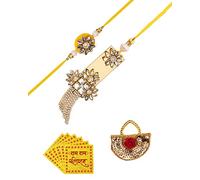 Amelia Juego de rakhi de diseño con delicado trabajo, hermoso juego de Rakhi de piedra, combo de rakhi premium para hermano y bhabhi, surtido de Rakhi, Eine Grösse