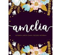 Amelia: Notebook | Libreta | Cahier | Taccuino | Notizbuch: 110 pages paginas seiten pagine: Modern Florals First Name Notebook in Light Pink, Baby Blue & Mustard Yellow on Navy ACH209