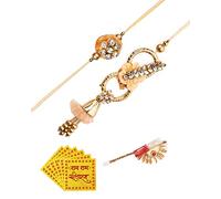 Amelia Rakhi Combo Designer For Brother and Bhabhi | With Beautiful Stone Work and Delicate Design | Handmade Rakhi Set Complete Combo | Lumba with Floral Leaf Design (Golden)