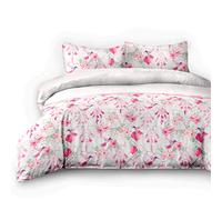 AmeliaHome 06891 Juego de Cama de 4 Piezas y 2 x Franela, 155 x 220 cm y 2 Fundas de Almohada de 80 x 80 cm, 100% algodón, Funda nórdica con Cremallera, diseño de pájaros, Color Blanco y Rosa