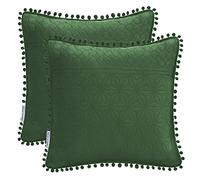AmeliaHome 2 Fundas de Almohada con Pompones de Doble Cara ultrasonic Acolchado 45 x 45 cm, Color Verde Oscuro