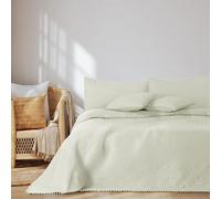 AmeliaHome Colcha con Pompones de 170 x 210 cm, Colcha de Cama de Doble Cara, ultrasonido, Acolchado de poliéster, Color Crema