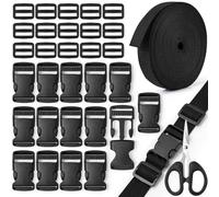 Amentalove 10M Cinta Nylon 32mm, Correa Mochila, Correas Hebillas Correa Negra con 15 Tri-Glide Slides Clip, 15 Hebillas de Liberación Lateral Plana y 1 Tijera para DIY Bolsas Mochila Carga Flejado