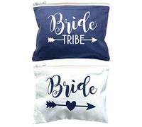 AMERIBA 12 PACK SET + 1 BRIDE BAG Premium Natural Cotton Canvas Makeup Bag- Bridesmaids Gifts for the Bachelorette Party or Bridal Shower (White & Navy Blue)