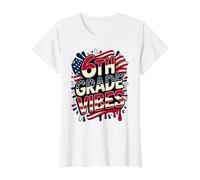 American 6TH Grade Vibes First Day My Patriotic Teacher Crew Camiseta gráfica económica, Mujer, Blanco, M