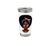 American Afro Girl Messy Bun - Gafas de sol con bandera de Estados Unidos Vaso térmico de acero inoxidable de doble pared