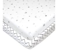 American Baby Company Pack de 2 paquetes de 100 % algodón natural impreso jersey de punto ajustado N Play Playard Sheet, Grey Stars and Zigzag, Soft Breathable, for Boys and Girls