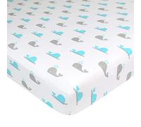 American Baby Company Pack N Play - Sábana bajera ajustable de 68,5 x 99 cm, suave, transpirable, neutral, 100 % algodón, paquete y sábana de juego, ballenas acuáticas, para niños y niñas, se adapta a