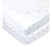 American Baby Company Paquete de 2 sábanas bajeras Pack N Play Playard de 27 x 39 pulgadas, suave, transpirable, neutral, 100% algodón, sábana de juego, estrellas azules/zigzag, para niños y niñas, se