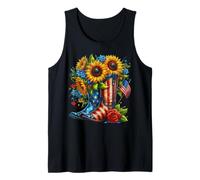 American Boots Bandera de Estados Unidos Western Cowgirl 4 de julio girasol Camiseta sin Mangas