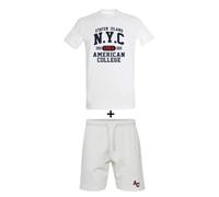 AMERICAN COLLEGE USA Set de 2 Piezzas Camiseta Y Bermuda Casual Deportivos Lote de Ropas Ropa Unisex Hombre Mujer Modelo ACEN227 Blanco Talla S
