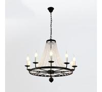 American Crystal Bead Strands Black Metal Hanging Fixture Rustic V-intage Candle Industrial Ceiling Light Fixtures, LED Chandelier