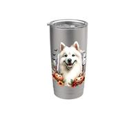 American Eskimo Dog Halloween Acuarela Obra de arte Vaso térmico de acero inoxidable de doble pared