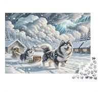 American Eskimo Dog Rompecabezas de Papel Dos Huskies Tirando Trineo en Tormenta de Nieve, Apto para Regalar y Familiar 38x26cm/1000 Piezas