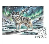 American Eskimo Dog Rompecabezas DIY de Papel Premium Husky en Lago Hielado con Auroras Boreales, Relleno de Calcetín Divertido para Niños +12 38x26cm/1000 Piezas