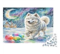 American Eskimo Dog Rompecabezas Premium de Cartón Samoyedo Corriendo en la Nieve con Bolas Coloridas, Regalo Desafiante Familiar para Niños 52x38cm/1000 Piezas