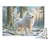 American Eskimo Dog Rompecabezas Premium de Cartón Samoyedo en el Bosque Nevado con Arroyo, Regalo Navideño Divertido 38x26cm/1000 Piezas
