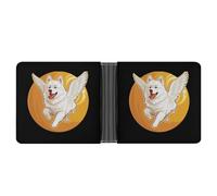 American Eskimo Dog Running Angel Wings - Cartera plegable de piel delgada para tarjetas de efectivo