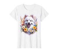 American Eskimo Dog Summer Daisy Wildflowers Obra de Arte Camiseta gráfica económica, Mujer, Blanco, XL