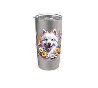 American Eskimo Dog Summer Daisy Wildflowers Obra de arte Vaso térmico de acero inoxidable de doble pared