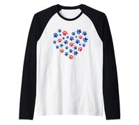 American Flag Paw Print Heart Patriotic 4th of July Dog Love Camiseta Manga Raglan