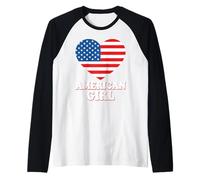 American Girl - Bandera de Estados Unidos con corazón patriótico para el 4 de Julio Retro Camiseta Manga Raglan