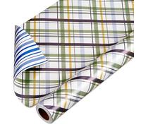 American Greetings Papel de regalo reversible de 175 pies cuadrados para cumpleaños, baby showers, aniversarios y todas las ocasiones, cuadros azules (1 rollo, 30 pulgadas x 70 pies)