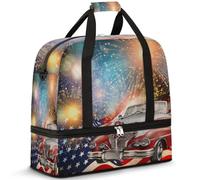 American Memorial Day Old Car Travel Duffle Bag for Women Men Weekend Overnight Bags Folding Wet Seperated 47L Tote Bag for Sports Gym Yoga, color, 47L, Organizador de bolsas