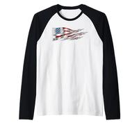 American Patriotic Fighter Jets USA Flag ondeando el 4 de Julio Camiseta Manga Raglan
