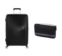 American Tourister Maleta rígida Soundbox de 67 cm, Mediana, Negra con Funda para Equipaje M, Negra/Gris