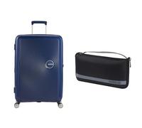 American Tourister Maleta rígida Soundbox de 77 cm, Azul Grande, con Funda para Maleta L, Negro/Gris