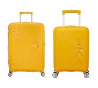 American Tourister Soundbox & Soundbox Mini - Equipaje de mano expansible, 67 cm, 81 L y Maleta infantil, 47 cm, 22 L - Set familiar - Amarillo dorado