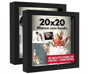 Americanflat 20x20 cm Marco con Profundidad - Pack de 2 - Negro Marco de Fotos de Madera con Cristal Irrompible, Parte Trasera de Lino Suave y Accesorios para Colgar