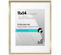 Americanflat Marco de fotos 11x14 dorado. 8x10 con tapete o 11x14 sin tapete. Borde fino, vidrio resistente. Exhibici贸n vertical/horizontal en pared.