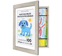 Americanflat Marco Dibujos Infantiles A4 en Madera a la Deriva - Cuadro de Almacenamiento para Niños para 100 Unidades, Proyectos de Arte y Fotos - Madera de Ingeniería con Vidrio Resistente