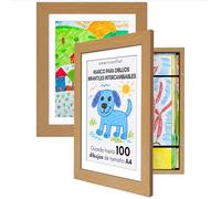 Americanflat Marco Dibujos Infantiles A4 en Roble Oscuro - Cuadro de Almacenamiento para Niños para 100 Unidades, Proyectos de Arte y Fotos - Madera de Ingeniería con Vidrio Resistente - 2 Unidades
